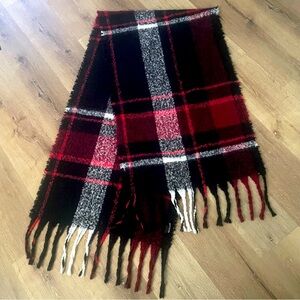 Steve Madden buttery soft polyester scarf in red blacks and whites. 74”x 21